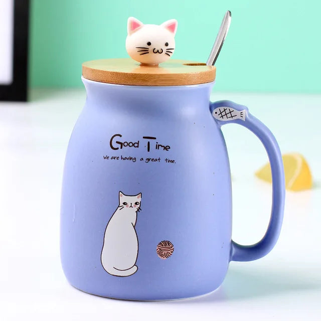 Cat Ceramic Mug with Bamboo Lid, Spoon and Cat Knob