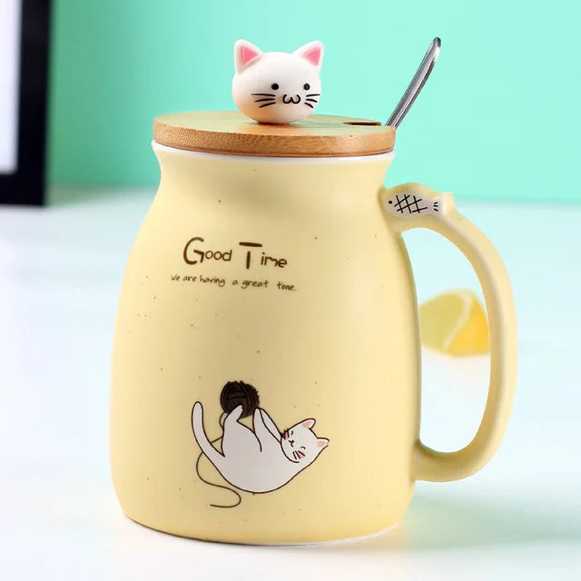 Cat Ceramic Mug with Bamboo Lid, Spoon and Cat Knob