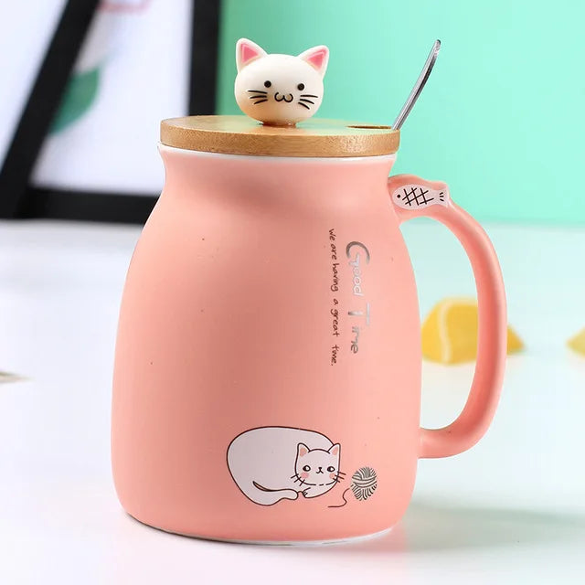 Cat Ceramic Mug with Bamboo Lid, Spoon and Cat Knob