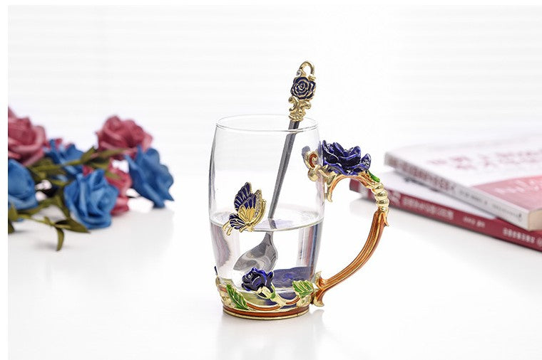 Enamel Rose Glass Mug with Butterfly Accent for Tea Lovers