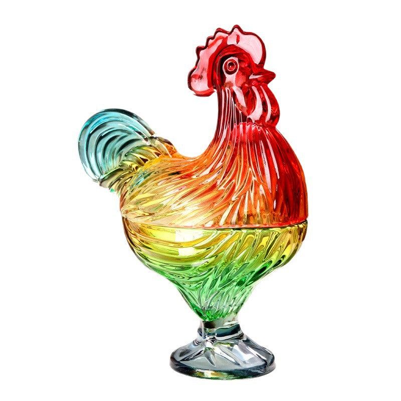 Colored Glass Candy Jar With Rooster Lid Centerpiece