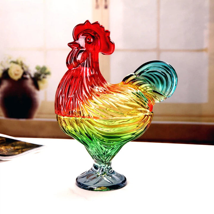 Colored Glass Candy Jar With Rooster Lid Centerpiece