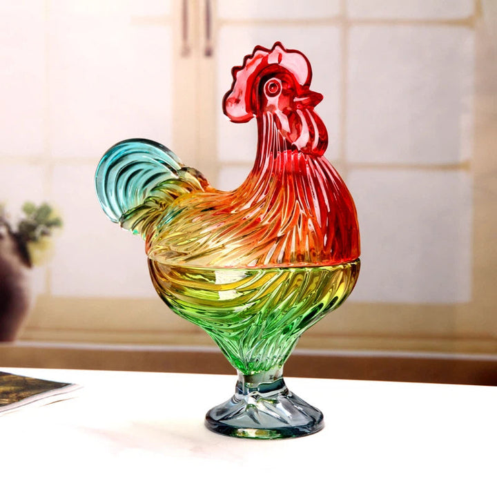 Colored Glass Candy Jar With Rooster Lid Centerpiece