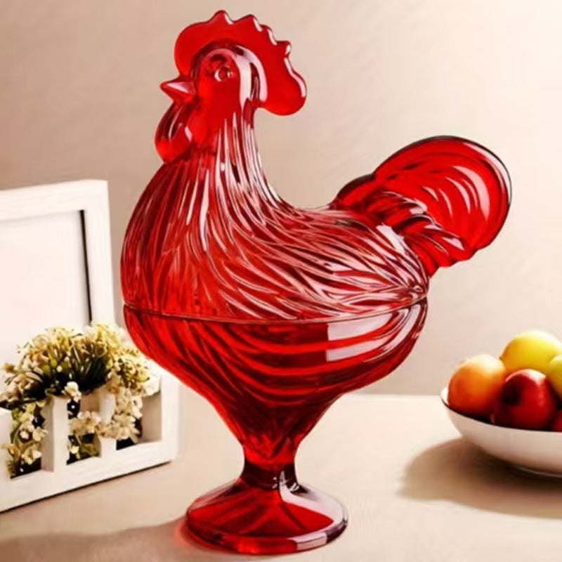 Colored Glass Candy Jar With Rooster Lid Centerpiece