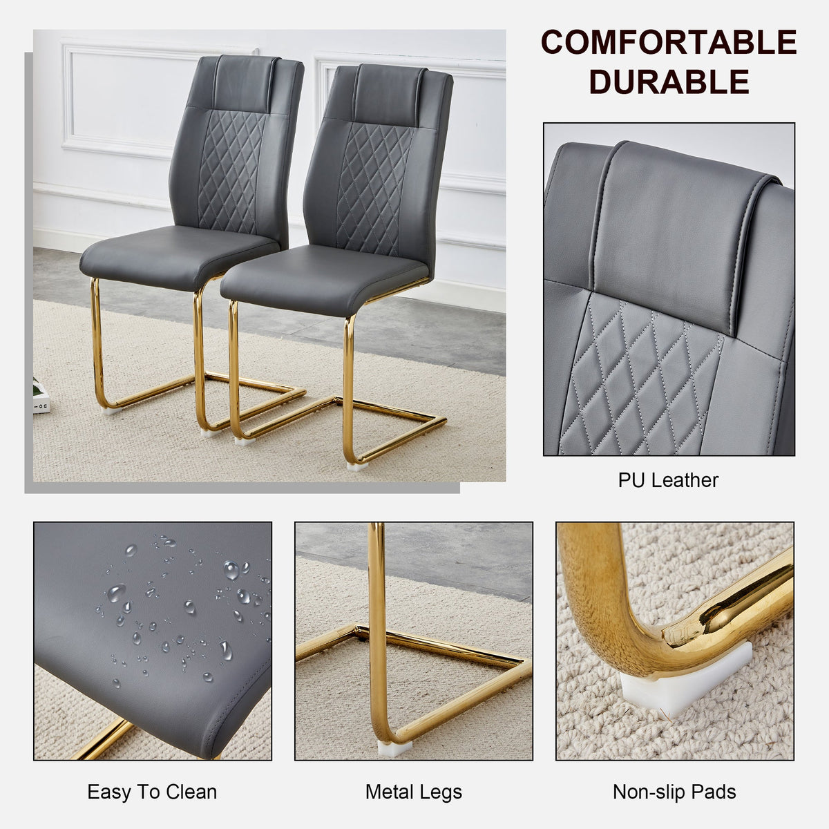 Gray Faux Leather Dining Chair with Gold Metal Legs