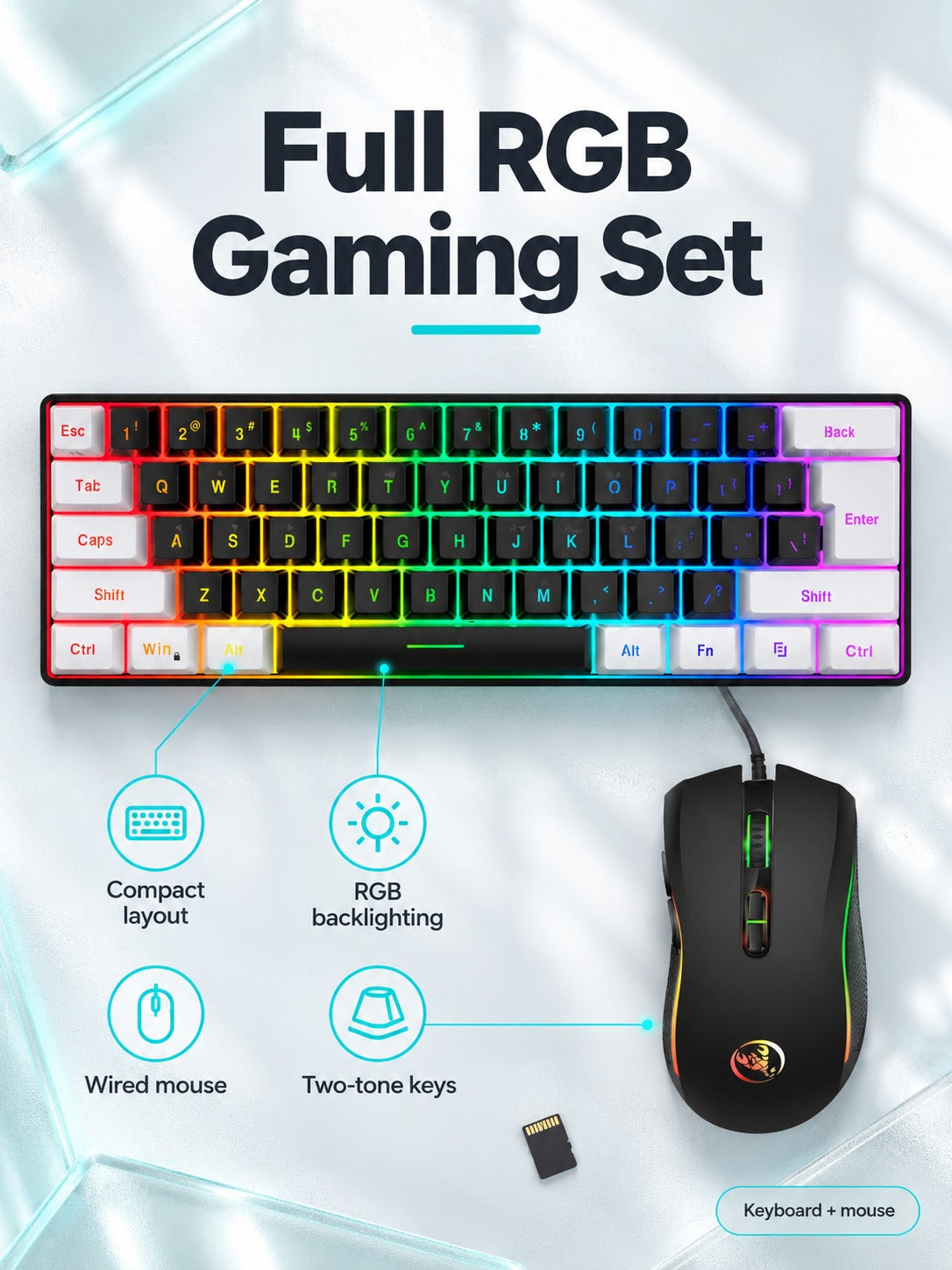 Compact RGB Gaming Keyboard and Mouse Combo, 61 Keys