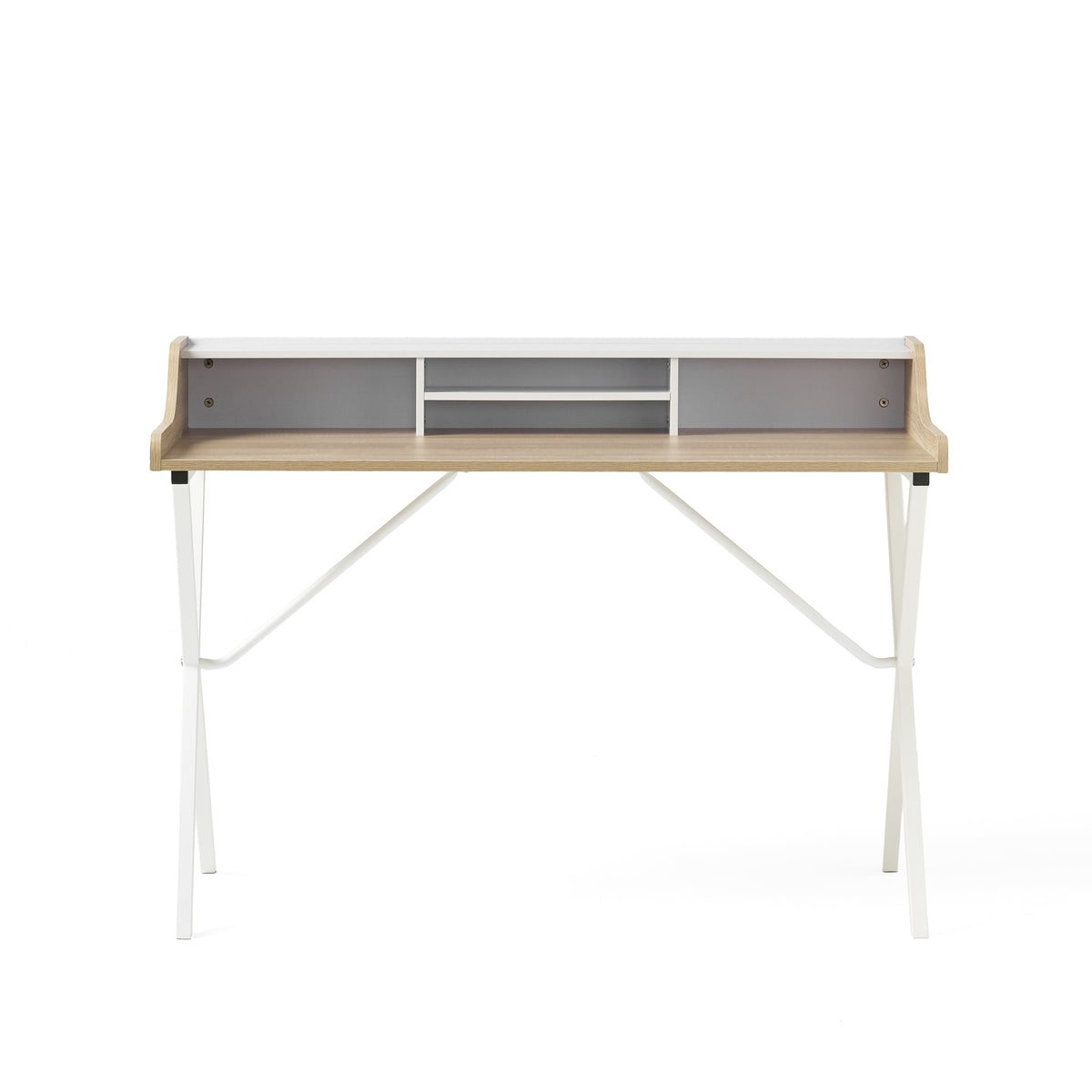 Oak Computer Desk with Shelf Hutch and Metal X-Frame Legs