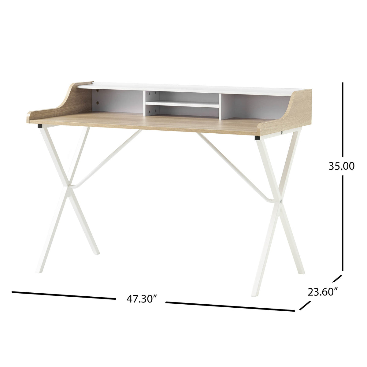 Oak Computer Desk with Shelf Hutch and Metal X-Frame Legs