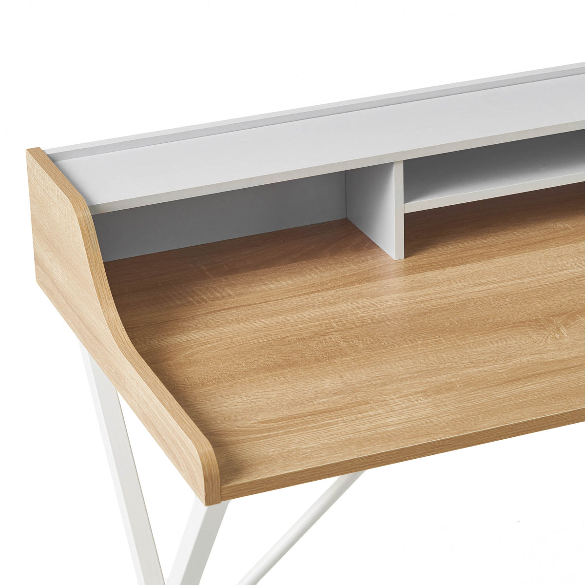 Oak Computer Desk with Shelf Hutch and Metal X-Frame Legs