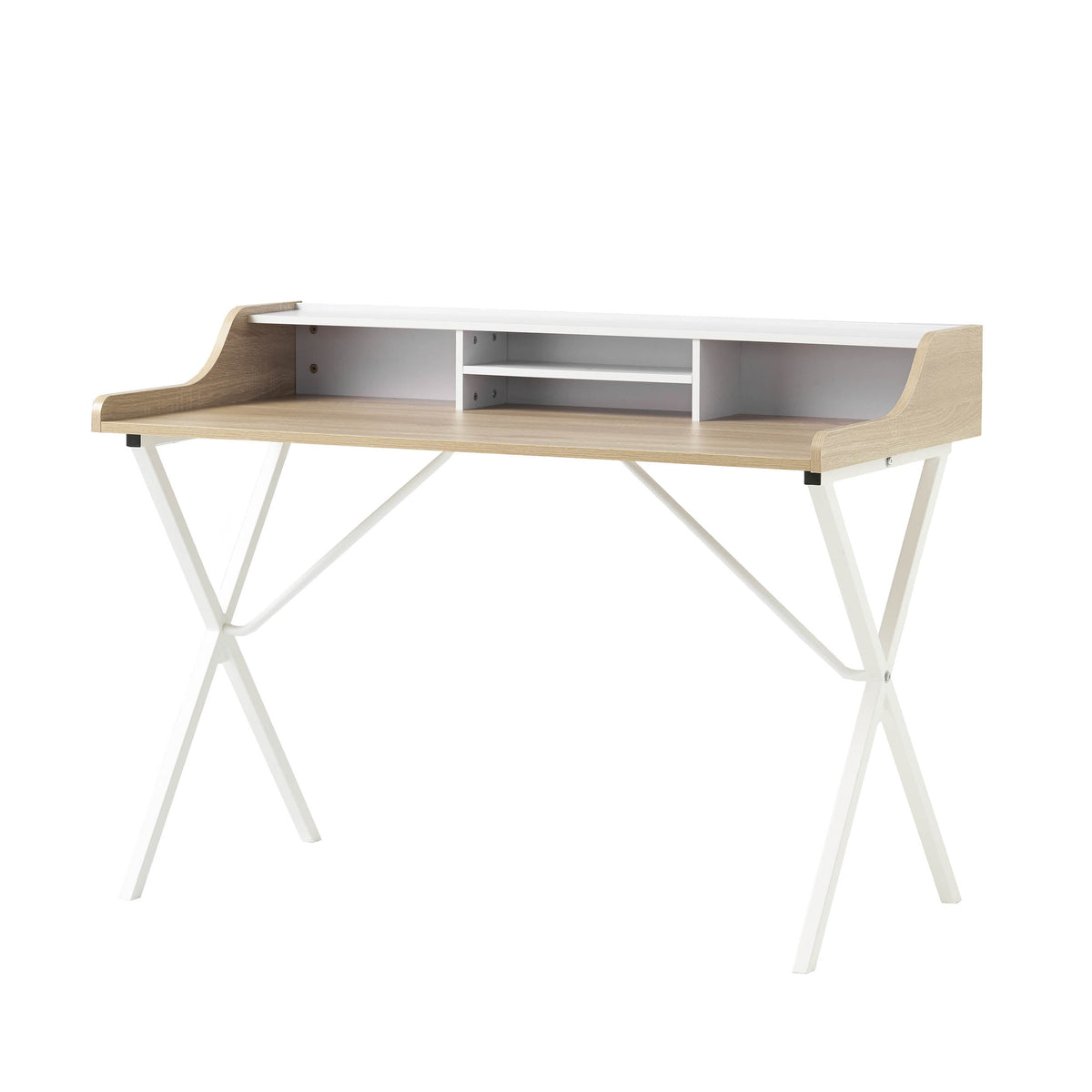 Oak Computer Desk with Shelf Hutch and Metal X-Frame Legs