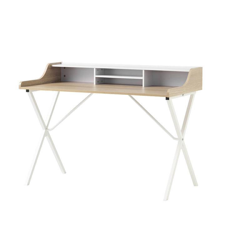 Oak Computer Desk with Shelf Hutch and Metal X-Frame Legs