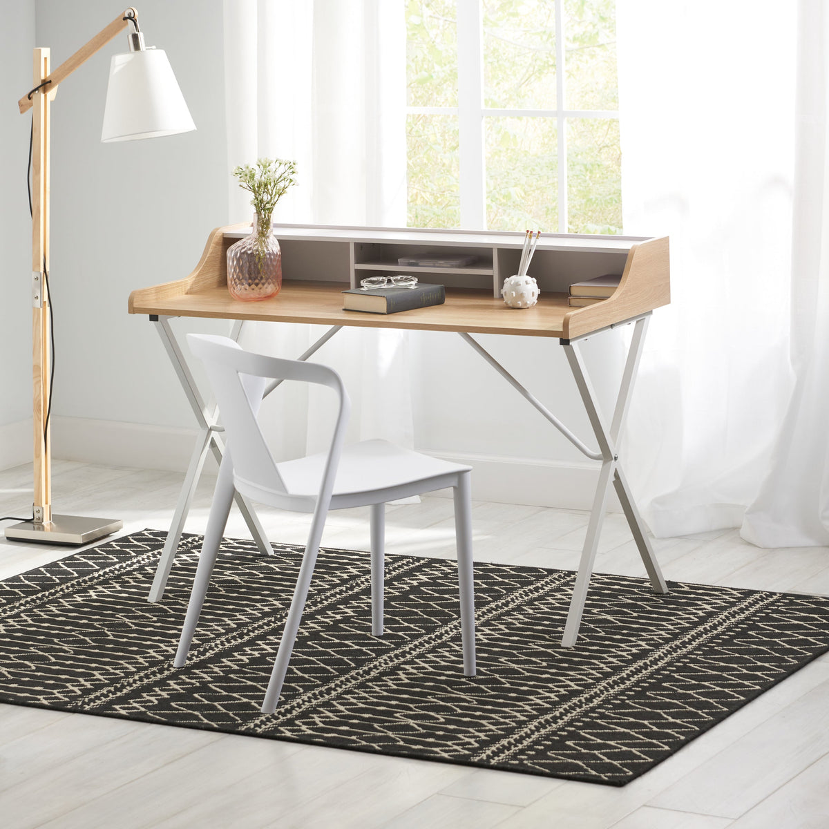 Oak Computer Desk with Shelf Hutch and Metal X-Frame Legs