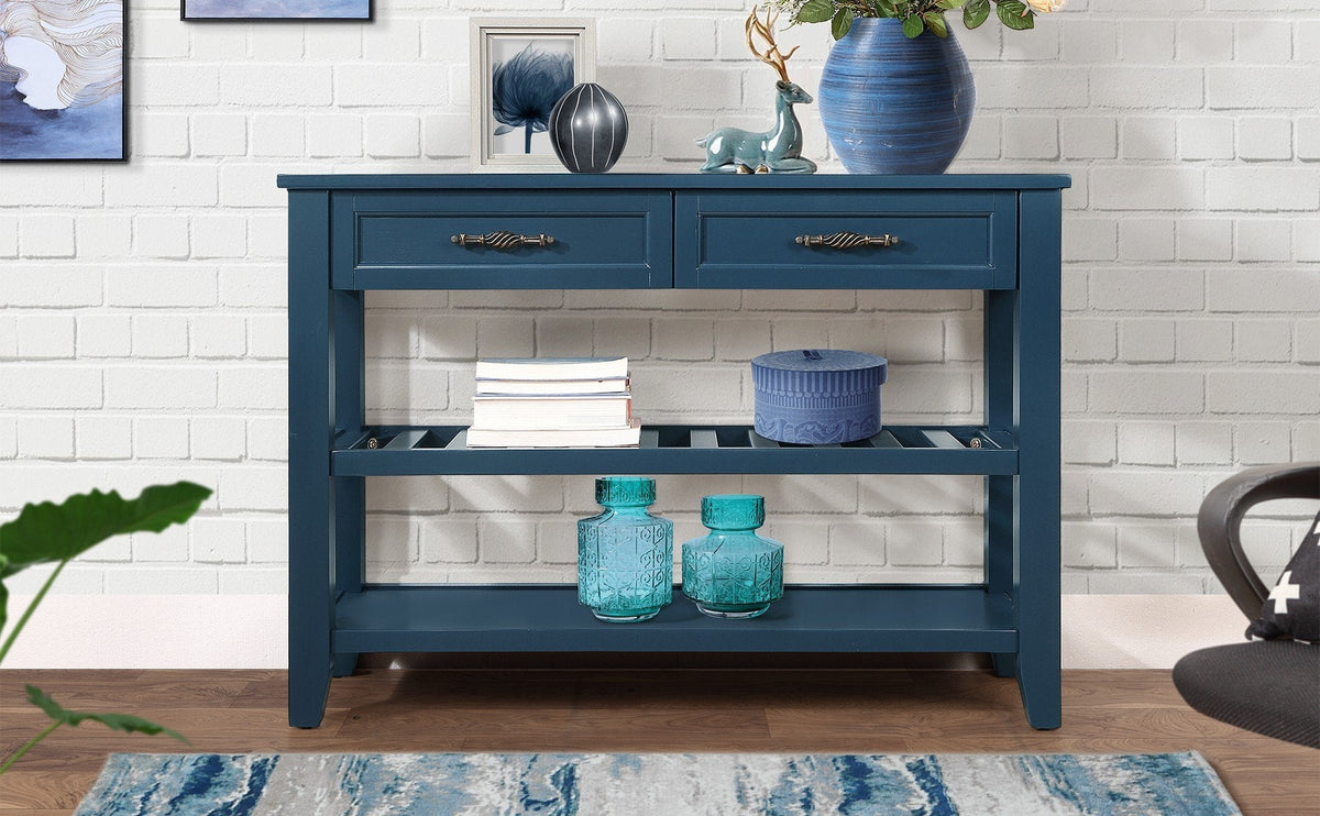 Navy Mid-Century Console Table with Drawers and Shelves