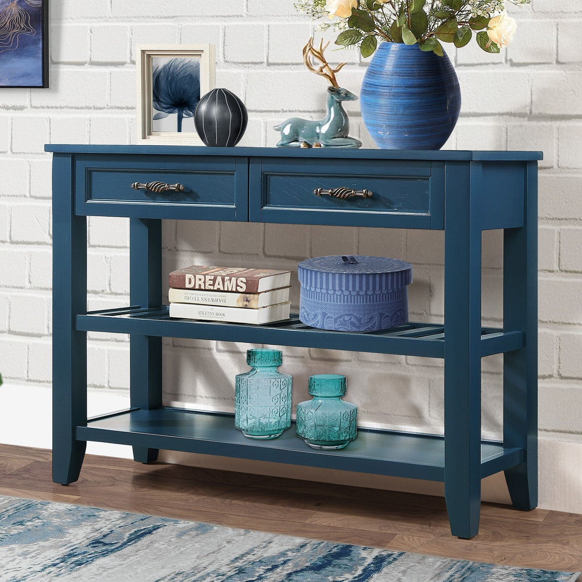 Navy Mid-Century Console Table with Drawers and Shelves