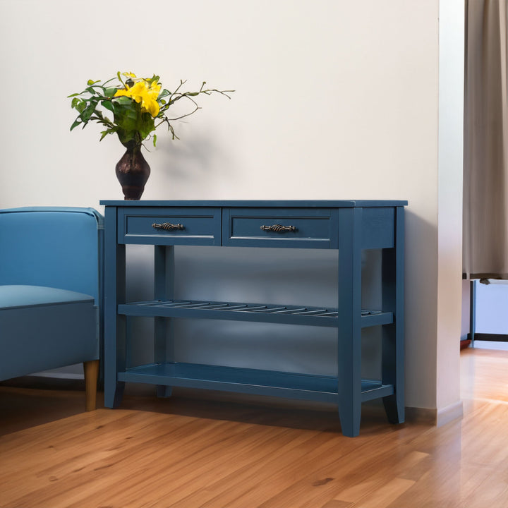 Navy Mid-Century Console Table with Drawers and Shelves