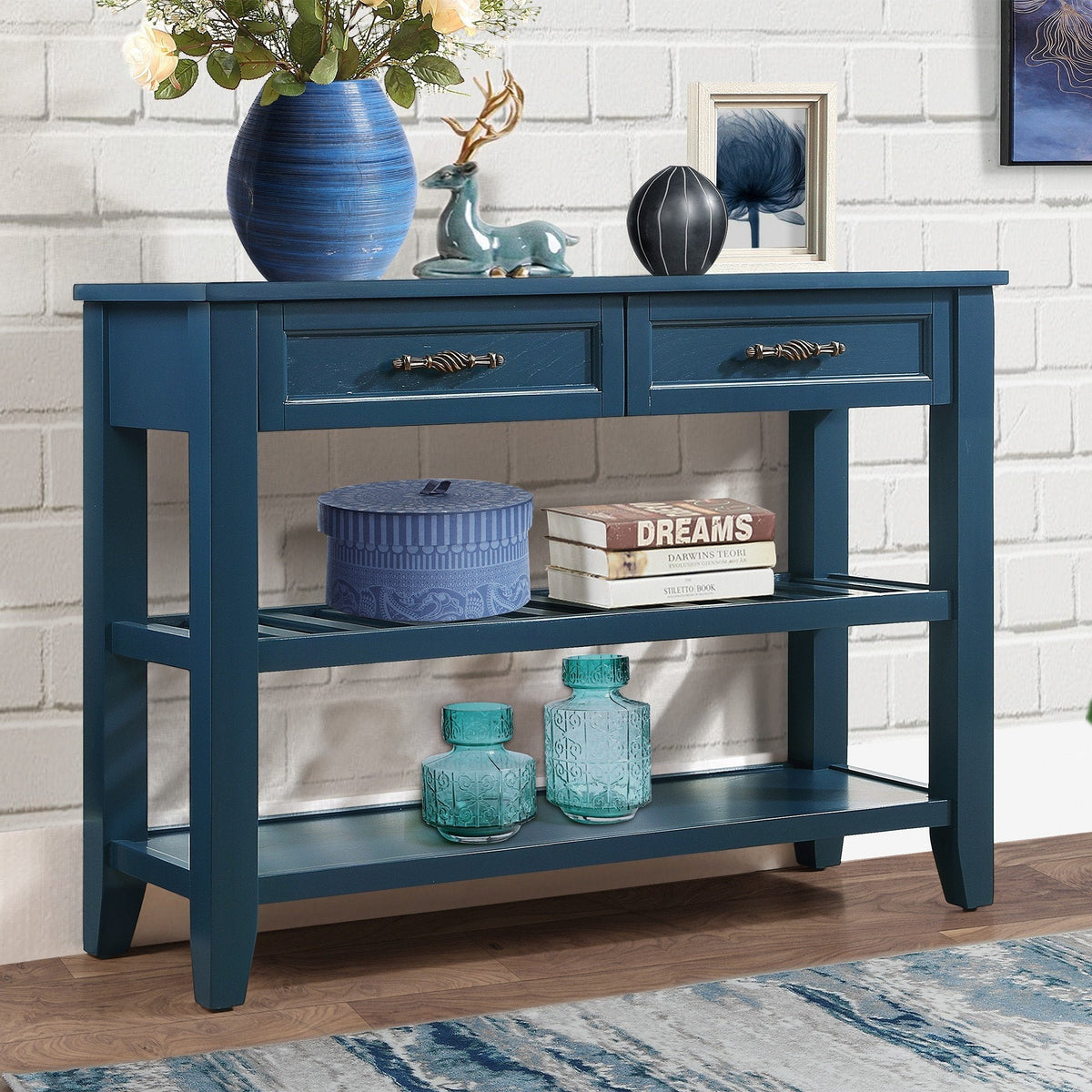 Navy Mid-Century Console Table with Drawers and Shelves