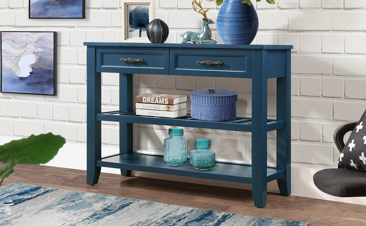 Navy Mid-Century Console Table with Drawers and Shelves
