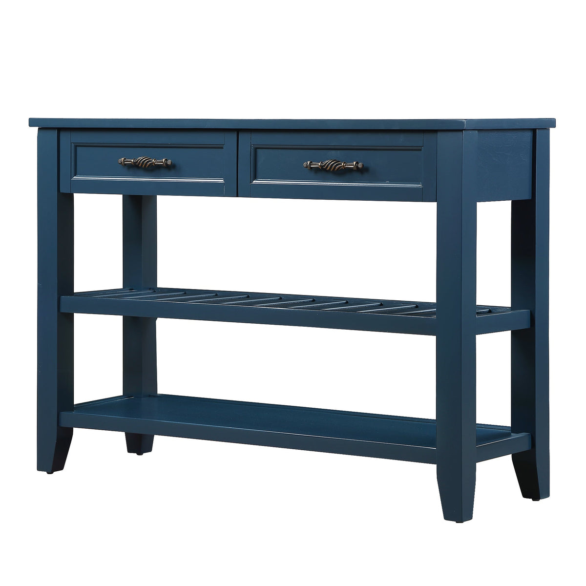 Navy Mid-Century Console Table with Drawers and Shelves