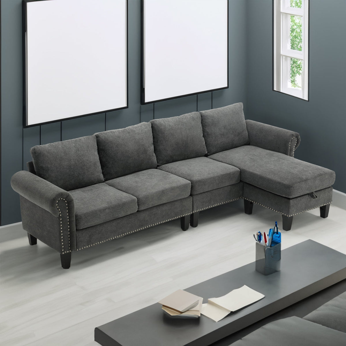 Gray L-Shaped Sectional Sofa with Hidden Storage Chaise