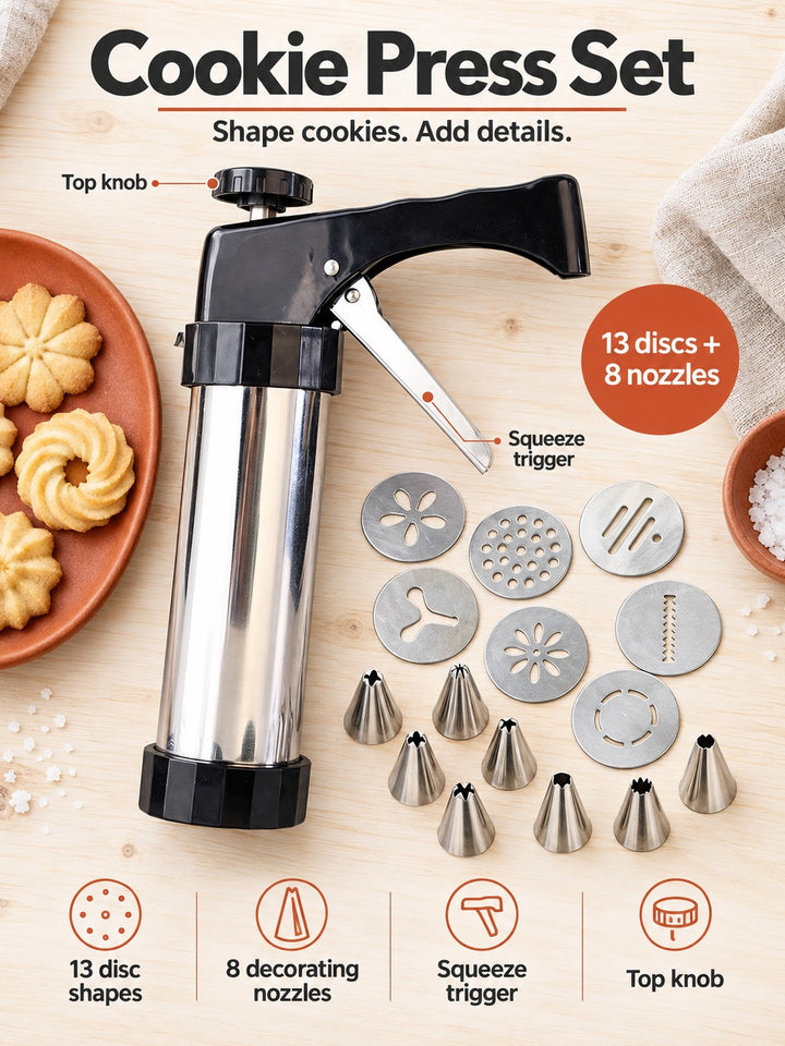 Cookie Press Gun Set: 13 Discs and 8 Decorating Nozzles