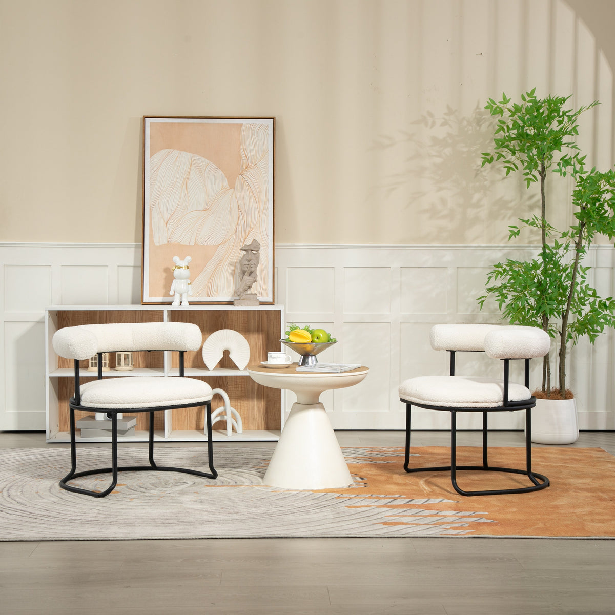 Boucle Dining Chairs Set of 2, Sculptural Curved Backrest