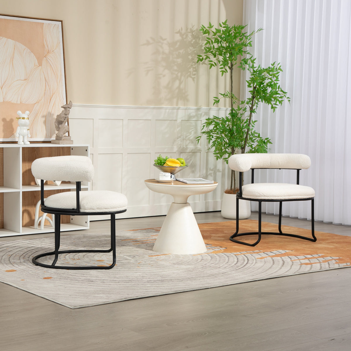 Boucle Dining Chairs Set of 2, Sculptural Curved Backrest