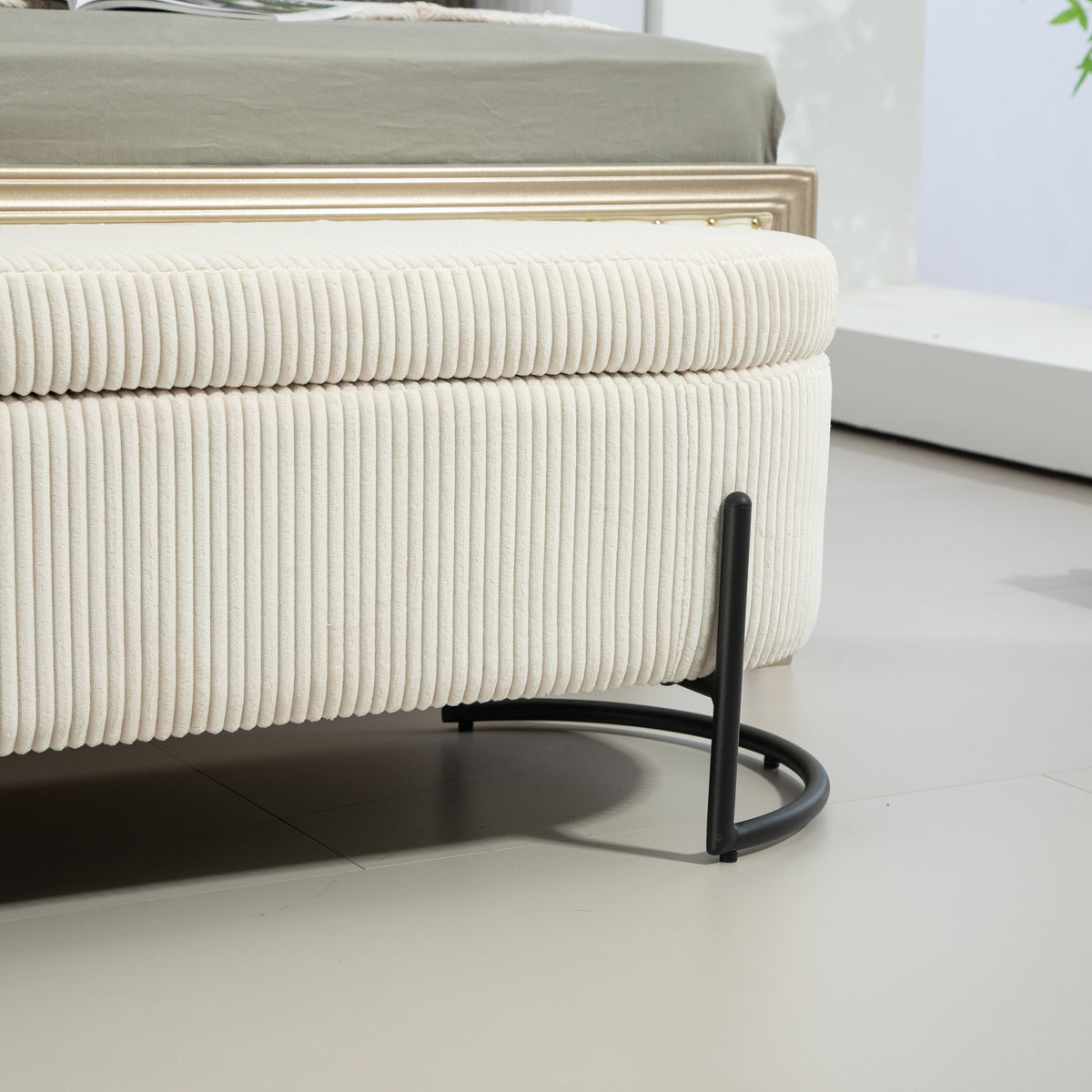 Beige Corduroy Storage Ottoman with Gas-Strut Lift Lid
