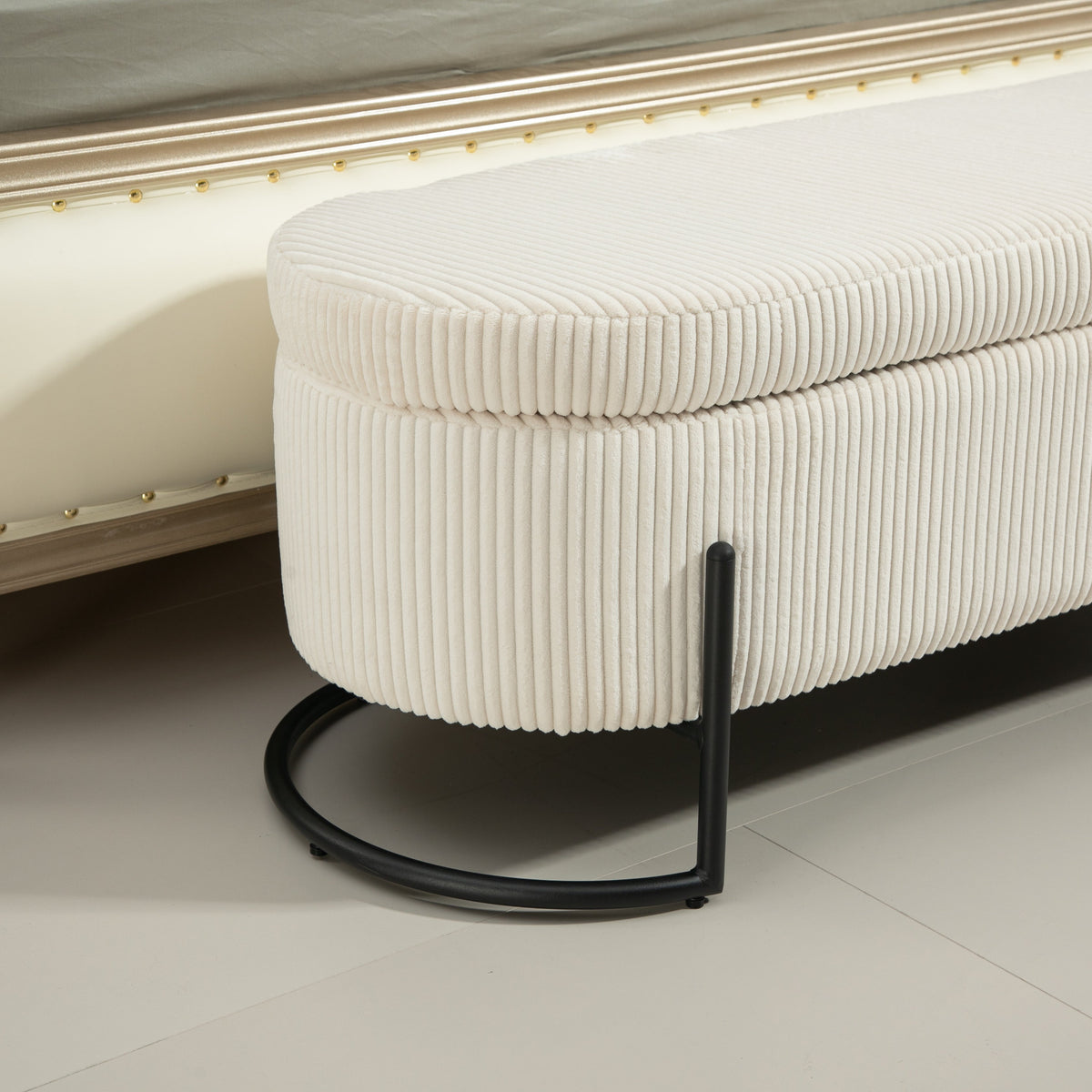 Beige Corduroy Storage Ottoman with Gas-Strut Lift Lid