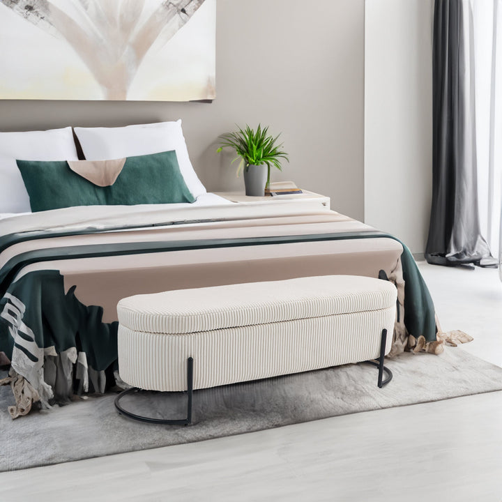 Beige Corduroy Storage Ottoman with Gas-Strut Lift Lid
