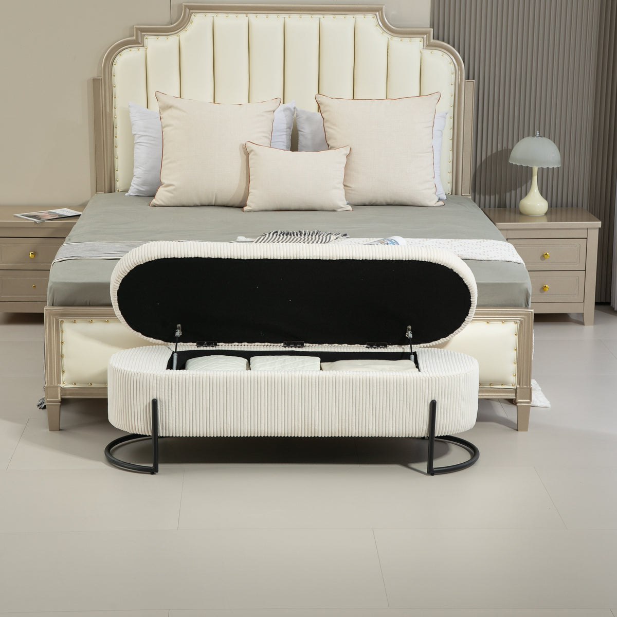 Beige Corduroy Storage Ottoman with Gas-Strut Lift Lid