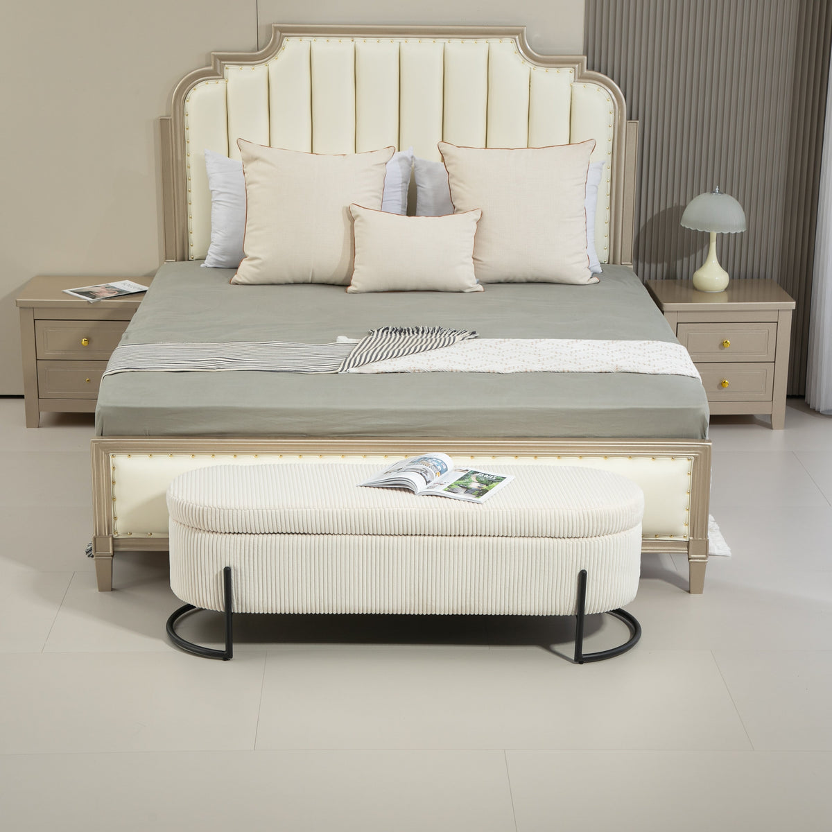Beige Corduroy Storage Ottoman with Gas-Strut Lift Lid