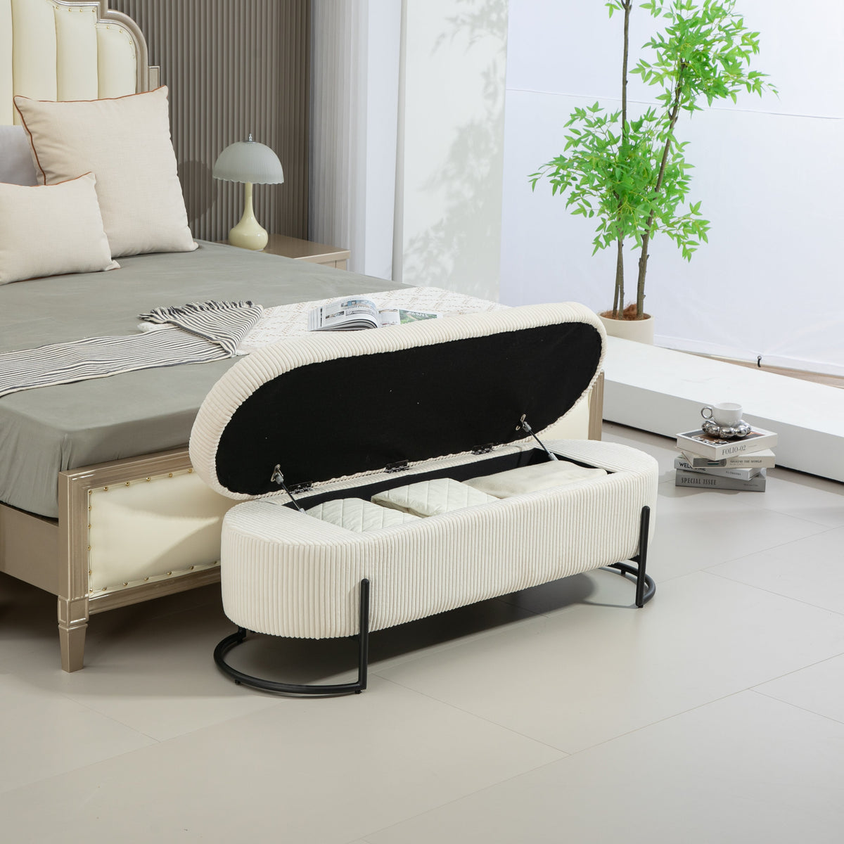Beige Corduroy Storage Ottoman with Gas-Strut Lift Lid