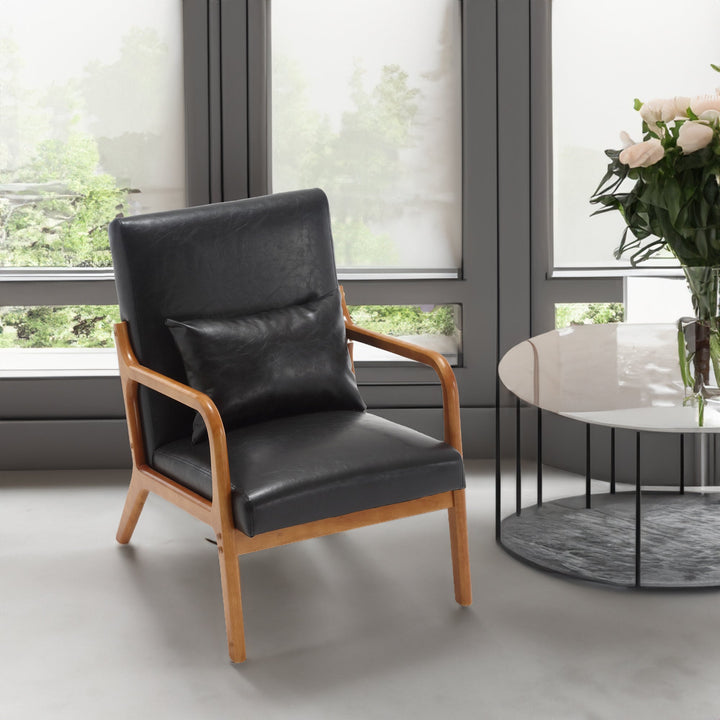 Black Faux Leather Accent Armchair with Lumbar Pillow