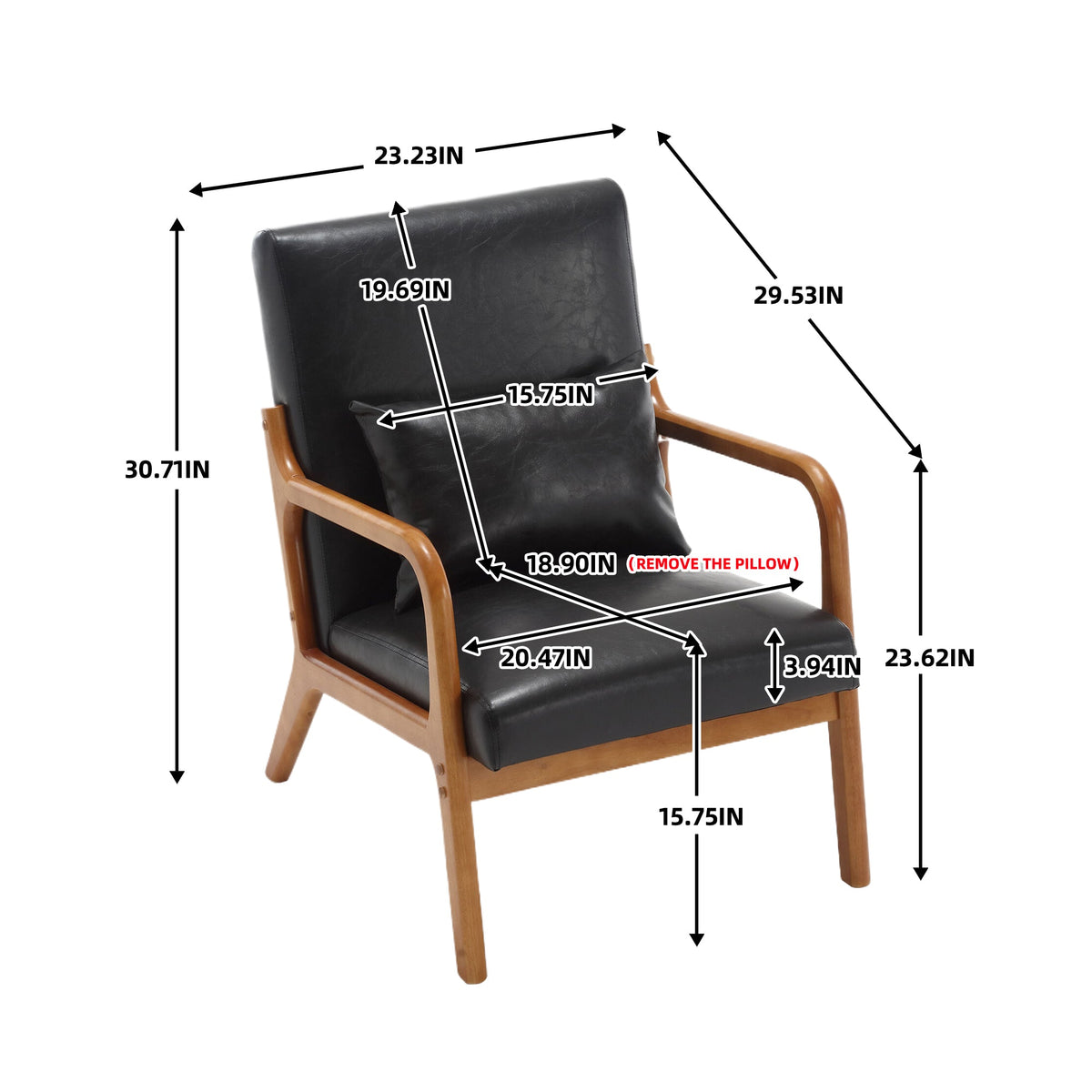 Black Faux Leather Accent Armchair with Lumbar Pillow