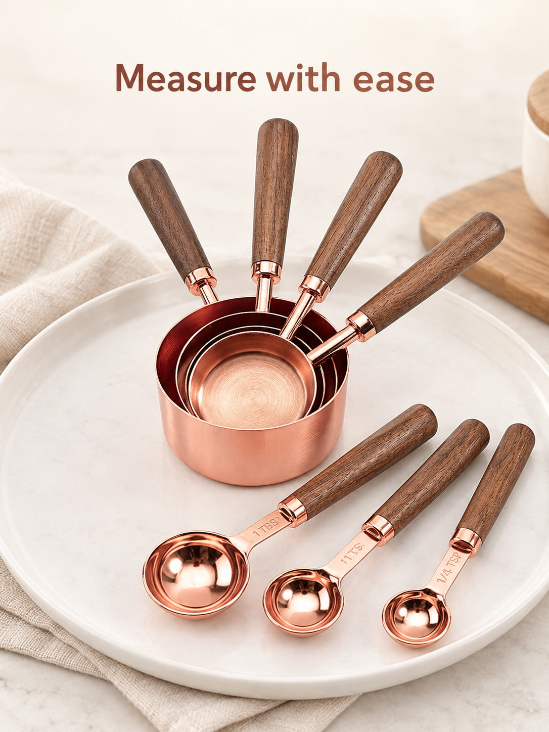 Copper Measuring Cups and Spoons with Walnut Handles