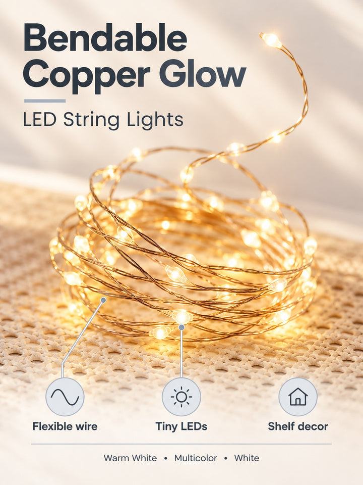 Copper Wire LED String Lights for Bookshelf & Decor