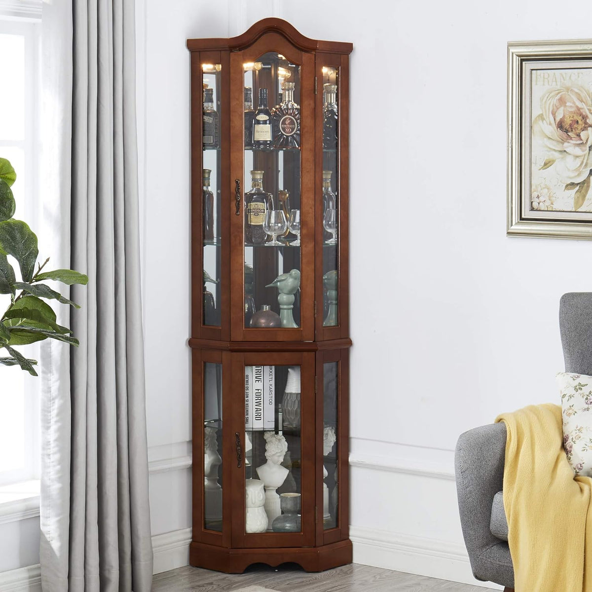 Corner Curio Cabinet with Mirrored Back & Glass Shelves