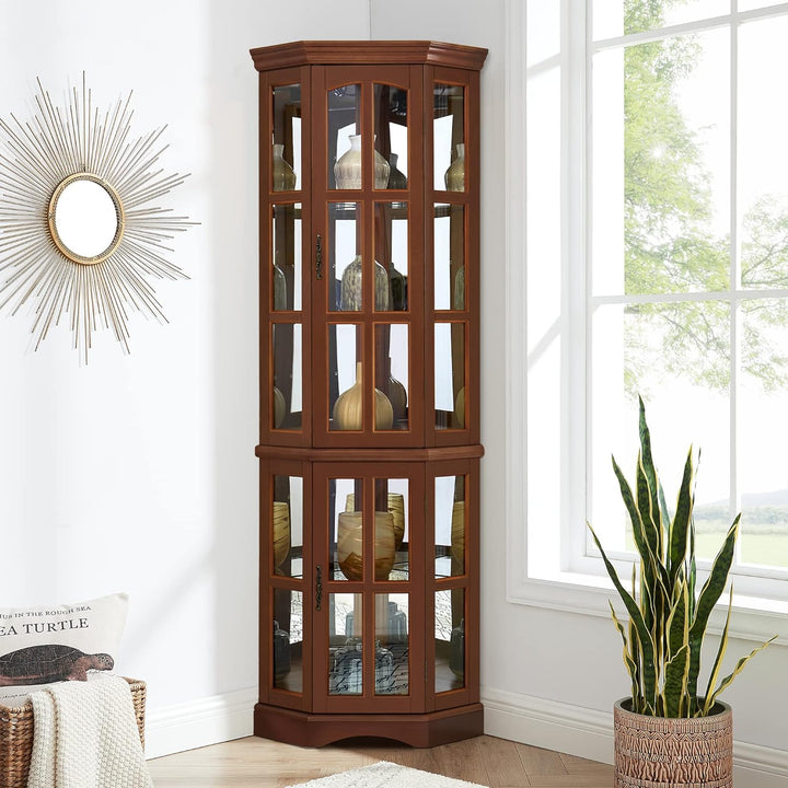 Walnut Corner Curio Cabinet with 5 Shelves and Lighting