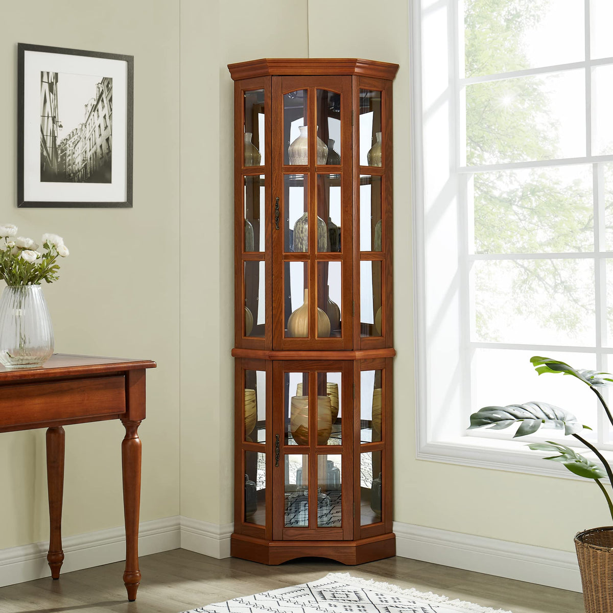 Corner Curio Cabinet with LED Lighting and 5 Shelves