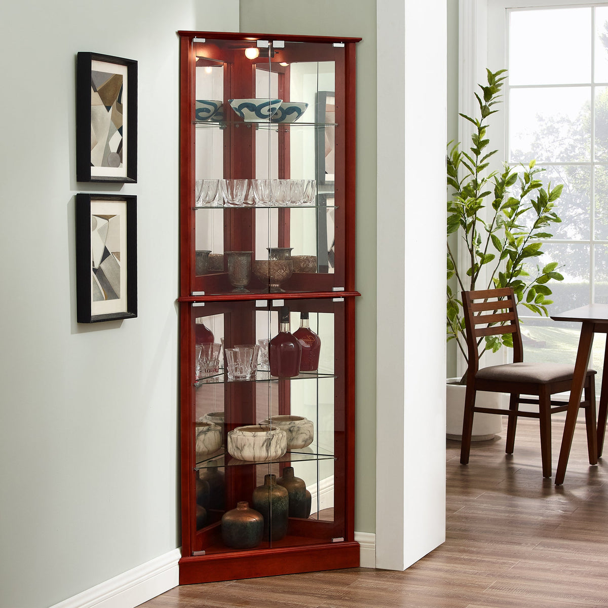 Lighted Corner Curio Cabinet, Cherry, Mirrored Back