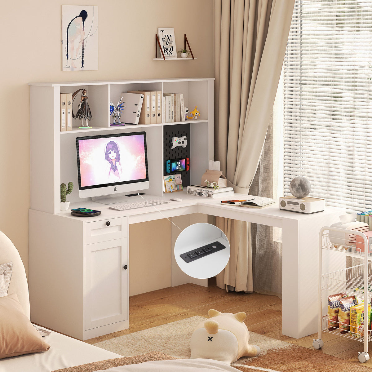 Corner Gaming Desk with Hutch, Drawers and Built-in Outlet