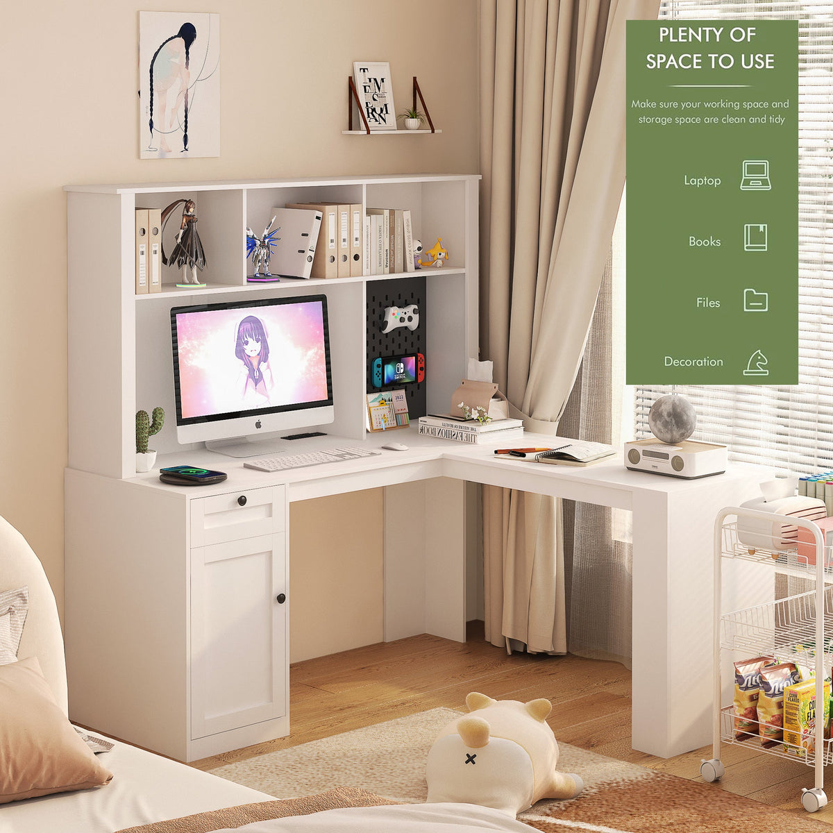 Corner Gaming Desk with Hutch, Drawers and Built-in Outlet