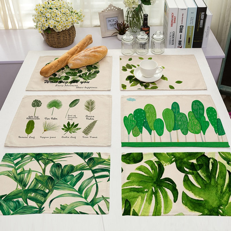 Cotton Linen Tropical Leaf Placemats for Dining Table