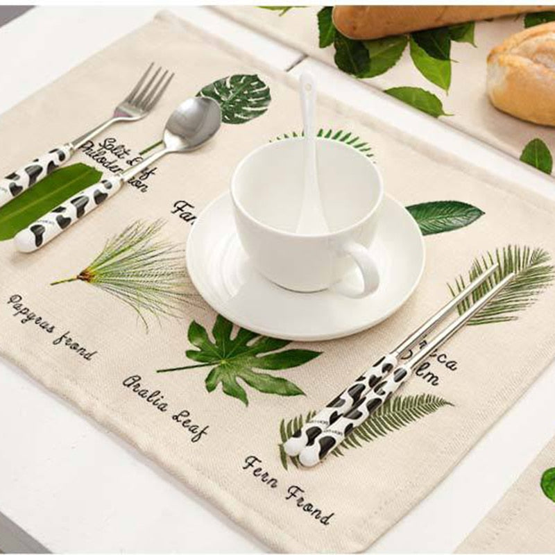 Cotton Linen Tropical Leaf Placemats for Dining Table