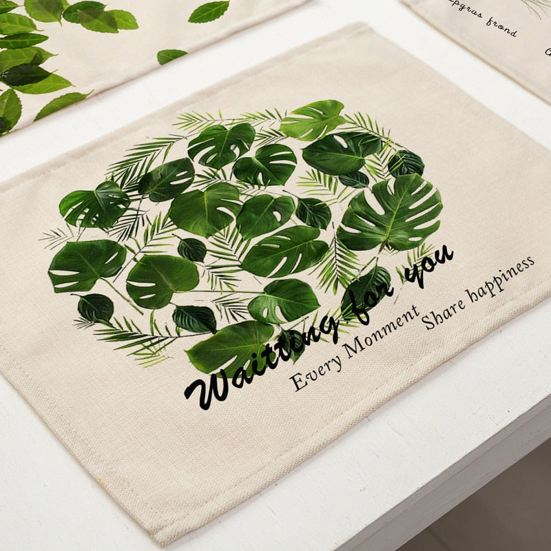 Cotton Linen Tropical Leaf Placemats for Dining Table