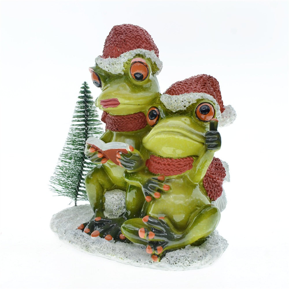 Couple Frog Resin Christmas Figurine Set with Tree & Base