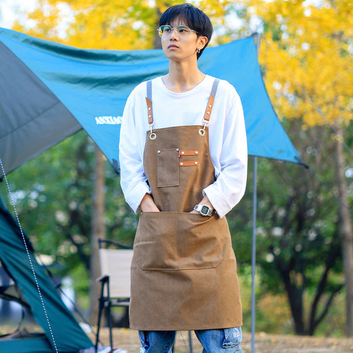 Heavy Canvas Work Apron with Leather Straps and Pockets