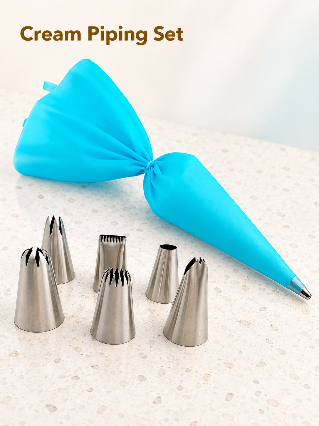 Cream Piping Tip Set: 7 Stainless Steel Tips and Bag