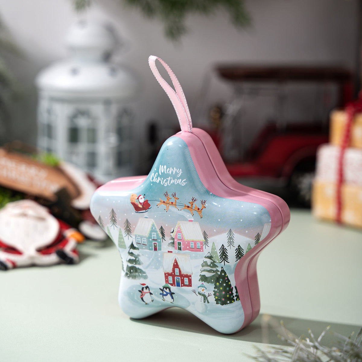 Christmas Star Candy Box Tin with Hanging Ornament