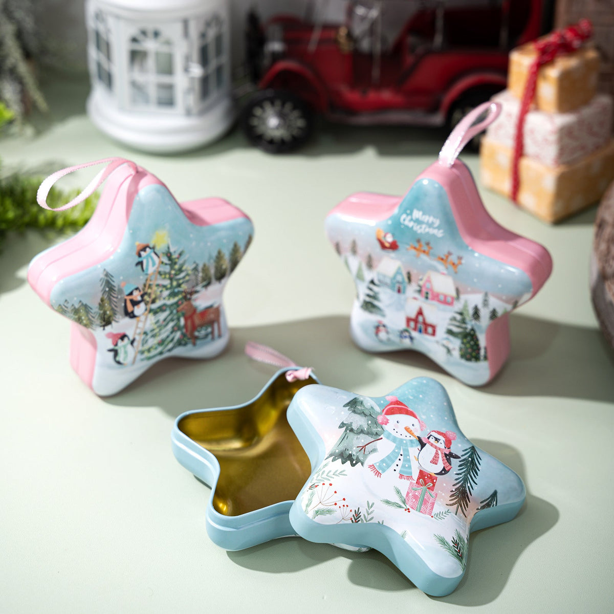 Christmas Star Candy Box Tin with Hanging Ornament